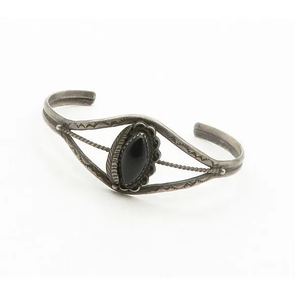 NAVAJO 925 Sterling Silver Vintage Black Onyx Floral Cuff Bracelet BT6000